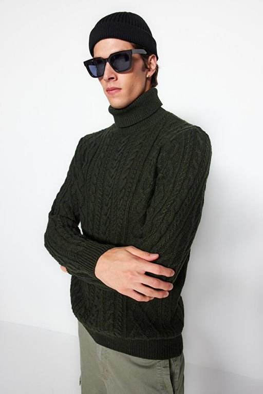 Haki Slim Fit Y_nl_ Bal_k__ Yaka Sa_ _rg_ Triko Kazak TMNAW22KZ0302 - Trendyolmilla фото 2