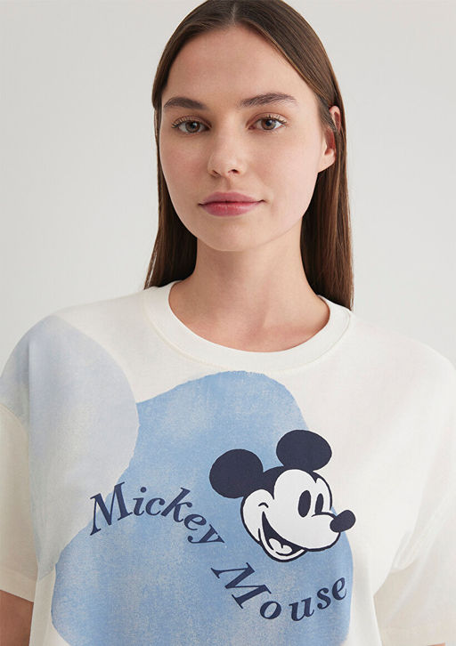 Mickey Mouse Bask?l? Beyaz Tisort - Mavi фото 6