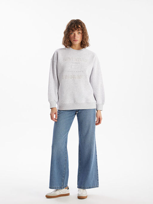 Bisiklet Yaka Nak??l? Oversize Kad?n Kal?n Sweatshirt