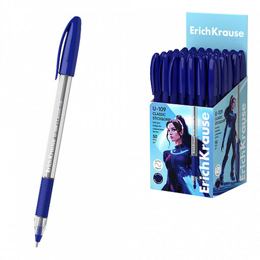 Цена за 50 шт. Ручка шариковая ErichKrause U-109 Stick&Grip Classic 1.0, Ultra Glide Technology, цвет чернил синий (в коробке по 50 шт.)
