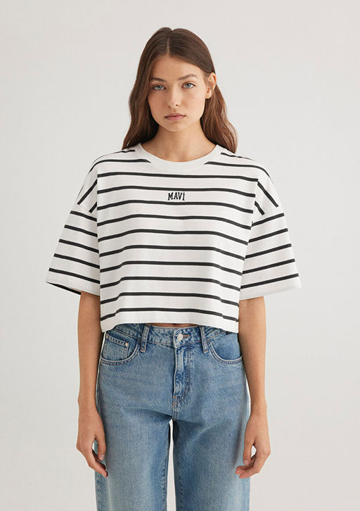 Mavi Logo Bask?l? Siyah Cizgili Crop Tisort  фото 3