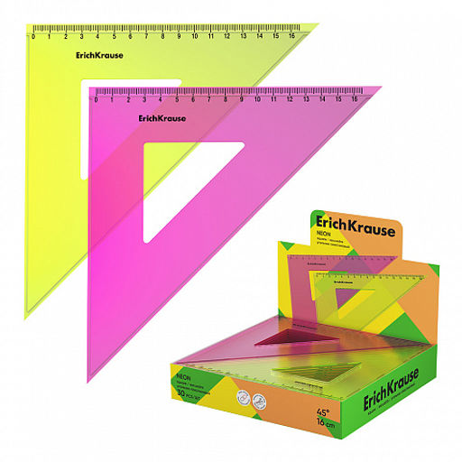 Цена за 30 шт. Угольник пластиковый ErichKrause Neon, 45/16см, ассорти (в коробке-дисплее по 30 шт)