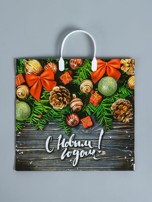 Цена за 10 шт. Пакет новогодний «Рождественские бантики», полиэтиленовый с пластиковой ручкой, 38×35 см