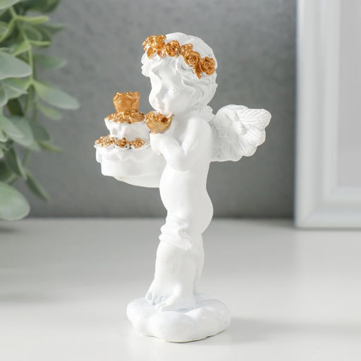 Фигурка полистоун Белоснежный ангел с тортом украшенным розочками, 6?4.5?11 см