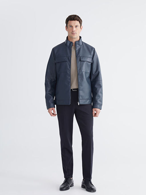 Standart Kal?p Dik Yaka Erkek Deri G?r?n?ml? Ceket