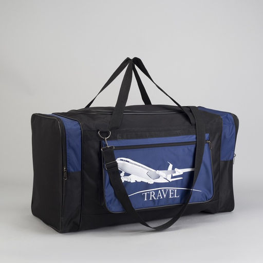 Сумка дорожная на молнии, 3 наружных кармана, длинный ремень, чёрная, синяя