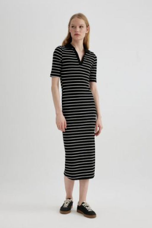Bodycon Vucuda Oturan Polo Yaka Cizgili Fitilli Kaskorse K?sa Kollu Midi Elbise