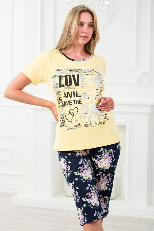 Пижама женская домашний из футболки и бридж Букетик желтый темно-синий с принтом LOVE - Амадэль фото 6