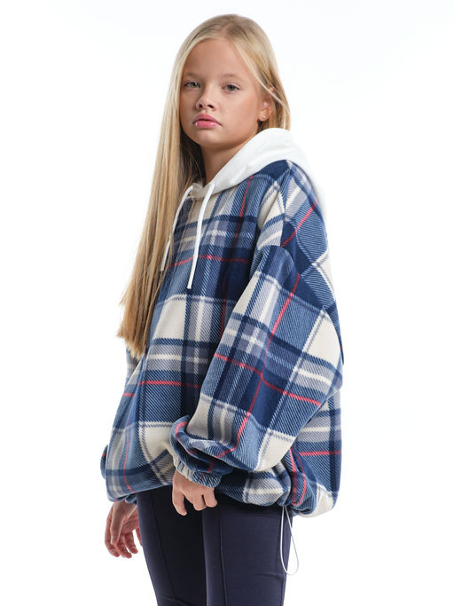 Худи оверсайз в клетку подростковое с капюшоном на меху 22-8046 синяя клетка - Mini maxi фото 4
