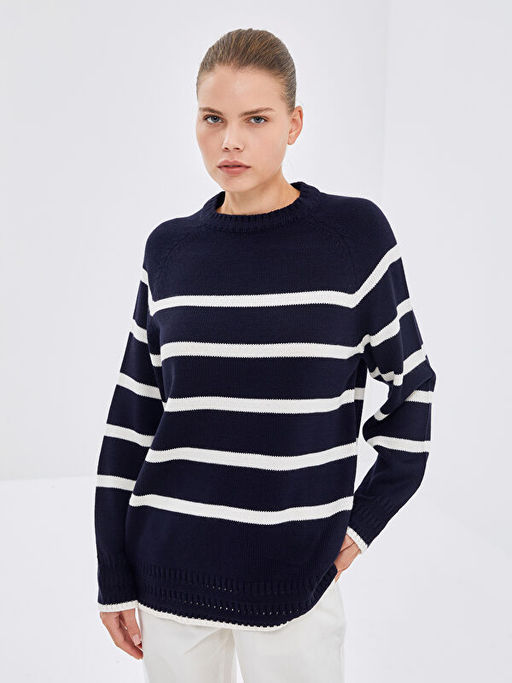 Bisiklet Yaka ?izgili Kad?n Triko Kazak