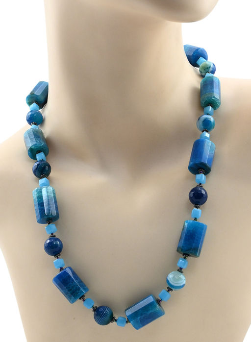 Колье из агата пати тонир. цилиндр с гранями 14*20мм, цв.голубой, 55см