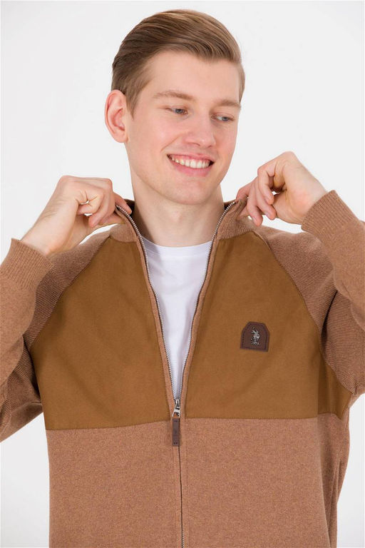 U. S. Polo Assn Мужской кардиган из меланжевого трикотажа светло-коричневого цвета - U.s. polo assn фото 9