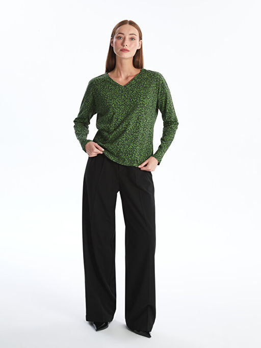 V Yaka Desenli Uzun Kollu Kad?n Bluz