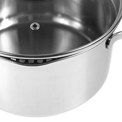 Кастрюля из нержавеющей стали "Prime" 2,7л, д18см, h10,5см, стеклянная крышка с отверстиями для слива воды, двойное капсулированное дно, с носиками, мерная шкала, подарочная коробка, Appetite (Китай) Подходит для всех видов плит, включая индукционную
