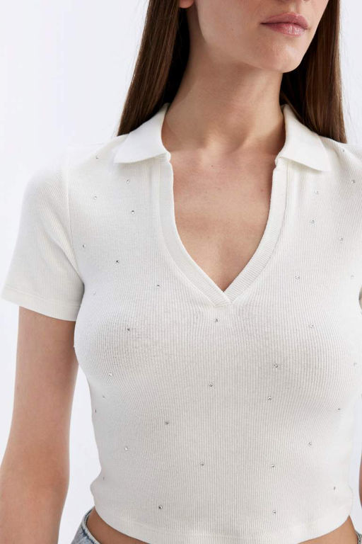 Футболка-поло с короткими рукавами и зауженным кроем в рубчик на камзоле - Defacto фото 5