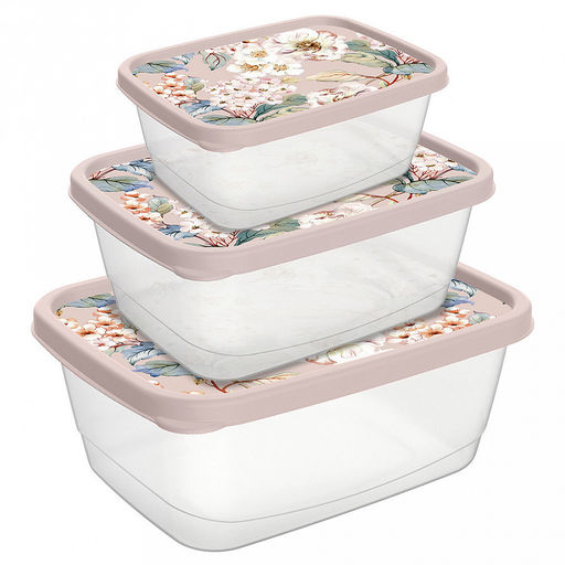 Контейнер для продуктов пластмассовый набор 3шт: 0,5л - 13,8х10,6х5,6см, 0,85л - 16,6х12,8х6,6см, 1,5л - 19,7х15,1х8см, прямоугольный, бежевый, с декором (Россия)