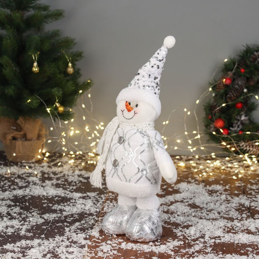 Мягкая игрушка Снеговик блеск (59?21 см выдвинутые ножки) 40?21 см, серебристо-белый