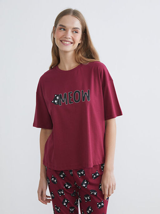 Bisiklet Yaka Bask?l? Kad?n Pijama Tak?m?