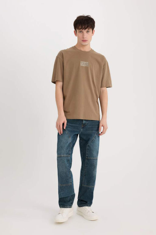 Oversize Genis Kal?p Bisiklet Yaka S?rt Bask?l? K?sa Kollu Tisort - Defacto фото 3