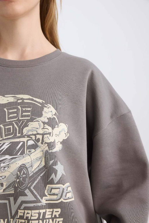 Женский серый крутой толстый свитшот оверсайз с широким кроем и круглым вырезом с принтом - Defacto фото 5
