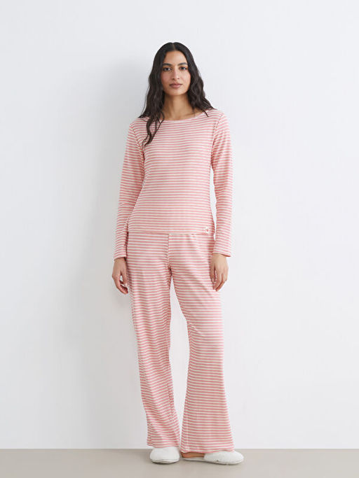 Bisiklet Yaka ?izgili Kad?n Pijama Tak?m?