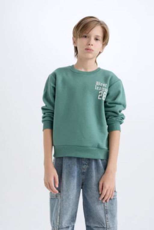 Erkek Cocuk Oversize Genis Kal?p Bisiklet Yaka S?rt Bask?l? Kal?n Sweatshirt