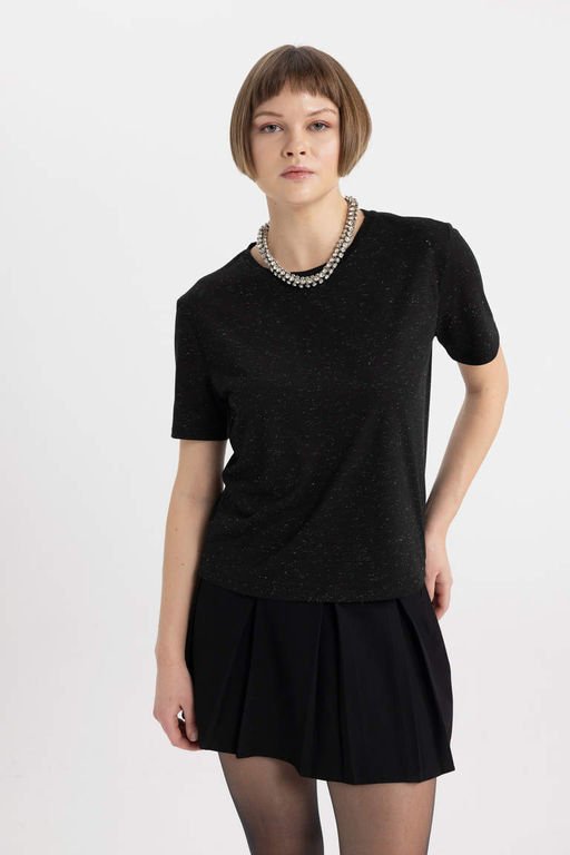Футболка Relax Fit с круглым вырезом из блестящей ткани с короткими рукавами - Defacto фото 2