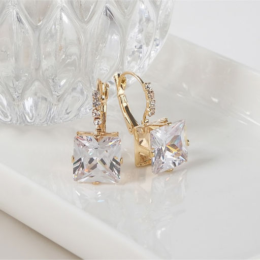 Серьги со стразами Циркония мини, квадрат, белые в золоте