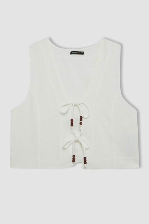 Белый жилет на шнуровке из смесового льна с v-образным вырезом - Defacto фото 8
