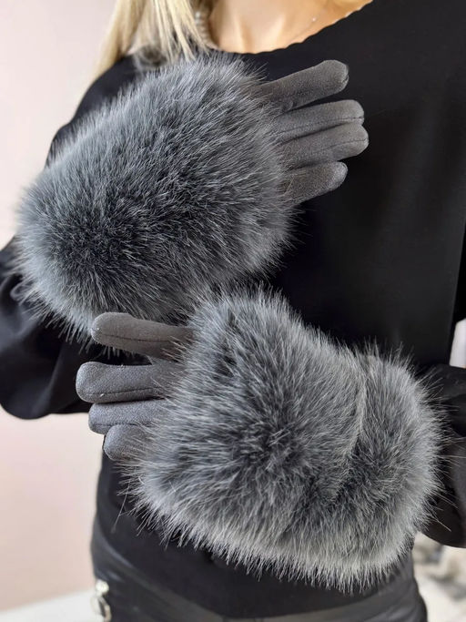 Утепленные женские перчатки с мехом , цвет серый - Greta фото 2