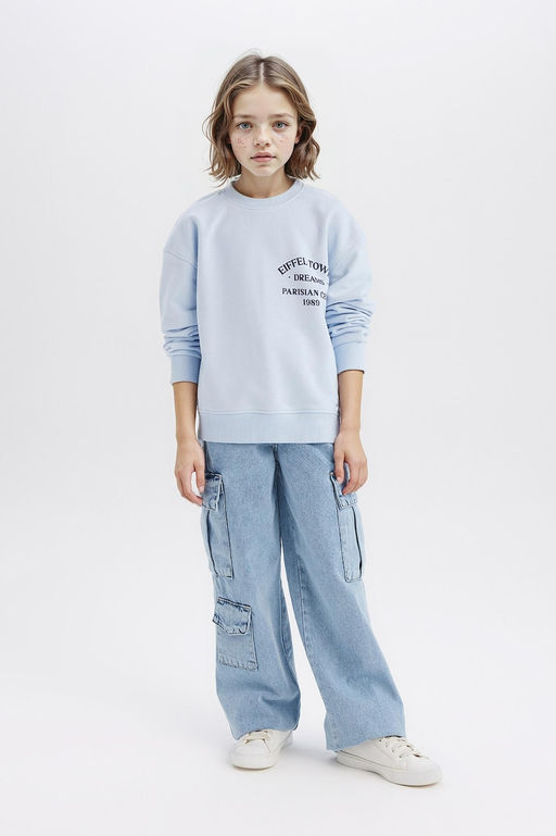 Relax Fit Bisiklet Yaka Bask_l_ Sweatshirt K_z _ocuk - Defacto фото 2