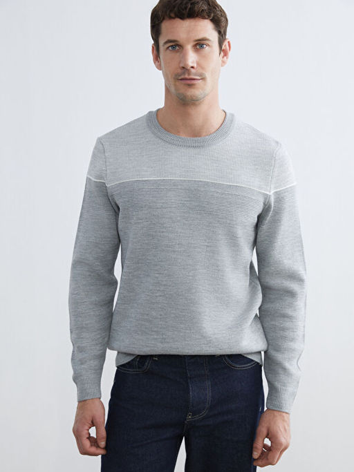 Bisiklet Yaka Renk Bloklu Erkek Triko Kazak