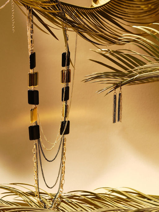 Набор 2 предмета: серьги, бусы Унисон прямоугольники, чёрный в золоте, 80 см