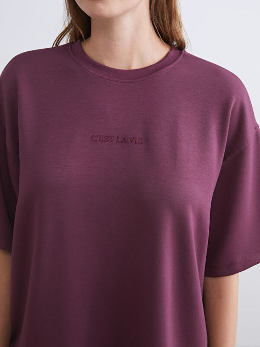 Bisiklet Yaka Nak??l? Oversize Kad?n Ti??rt