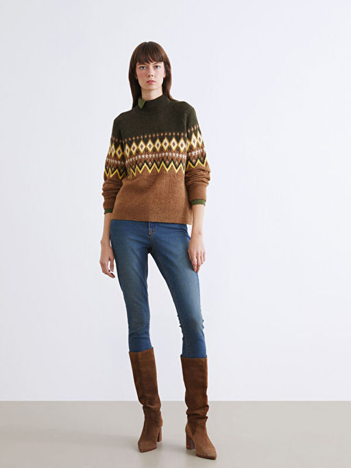 Yar?m Bal?k?? Yaka Desenli Kad?n Triko Kazak