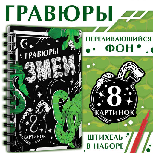 Цена за 6 шт. Гравюра-блокнот детская Змеи, 8 картинок, переливающийся фон, со штихелем