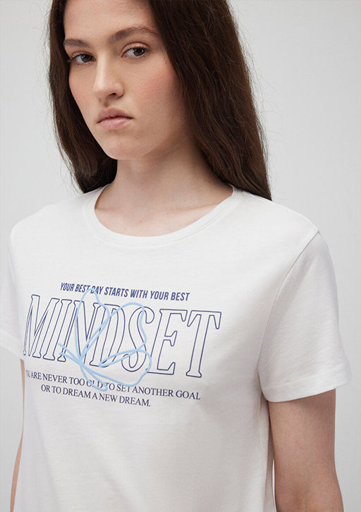 Bask?l? Beyaz Tisort - Mavi фото 5