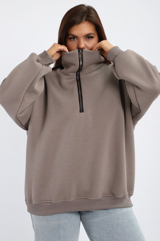 Толстовка женская из футера начес Комфорт серо-коричневый макси