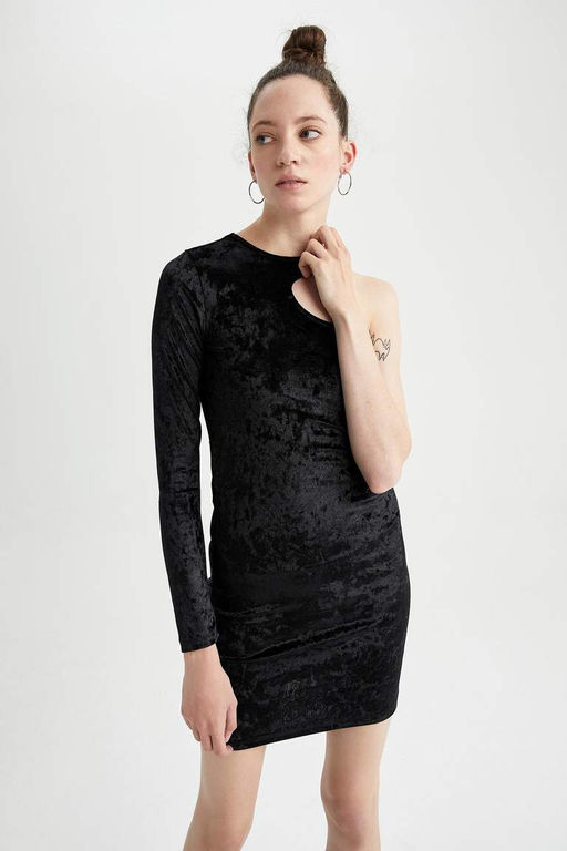Облегающее велюровое мини-платье на одно плечо с длинными рукавами - Defacto фото 9