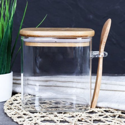 Банка квадратная бамбуковая крышка с ложкой d-100/100 550 мл / LCKW2917 /уп 64/ - Галеонтрейд фото 2