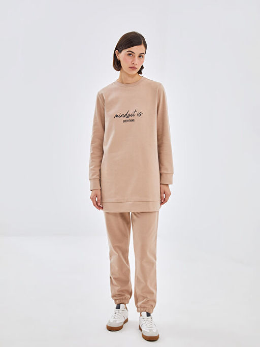 Bisiklet Yaka Bask?l? Kad?n Kal?n Sweatshirt Tunik
