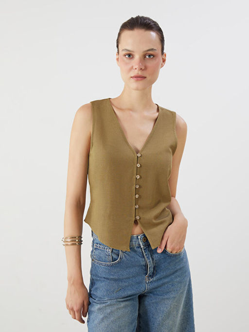 V Yaka Keten Kar???ml? Kad?n Klasik Yelek