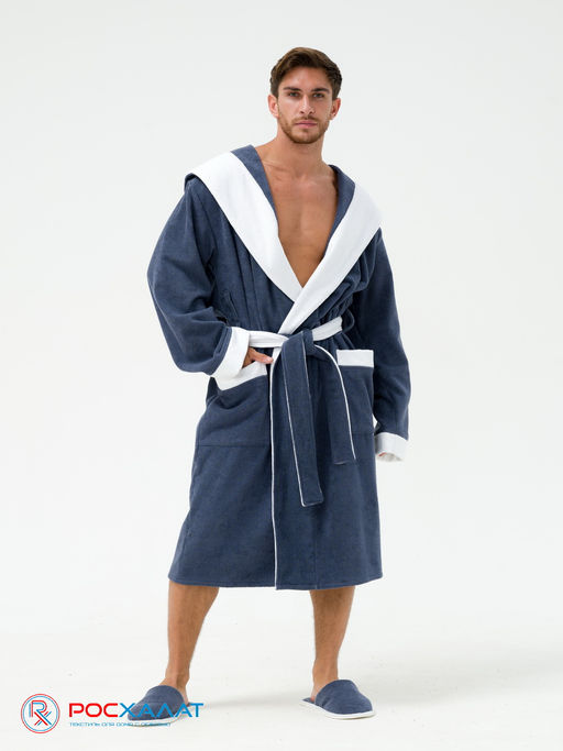 Мужской махровый халат с капюшоном с белой отделкой серый+белый МЗ-05-1 (84) - Росхалат фото 5
