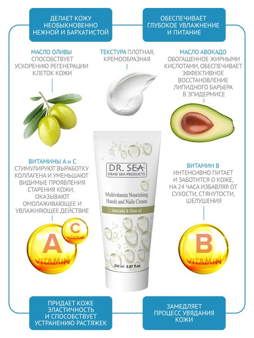 243 DS Мультивитаминный питательный крем для рук и ногтей с маслами авокадо и оливы 200 мл - Dead sea фото 3