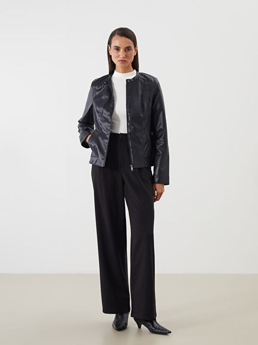 Bisiklet Yaka Kad?n Deri G?r?n?ml? Ceket