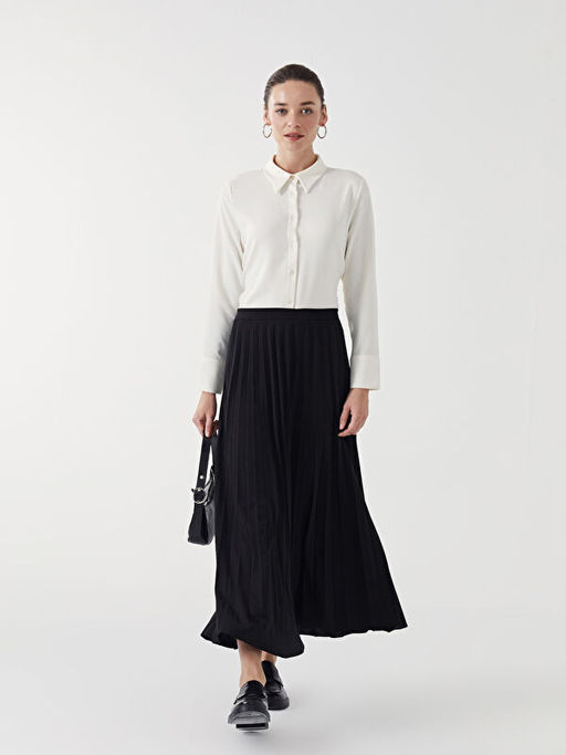 Beli Lastikli D?z Krep Kad?n Pileli Etek