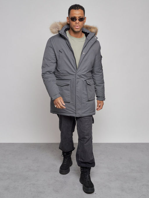 Парка мужская зимняя удлиненная с мехом темно-серого цвета 8318TC - Wonderrman фото 10