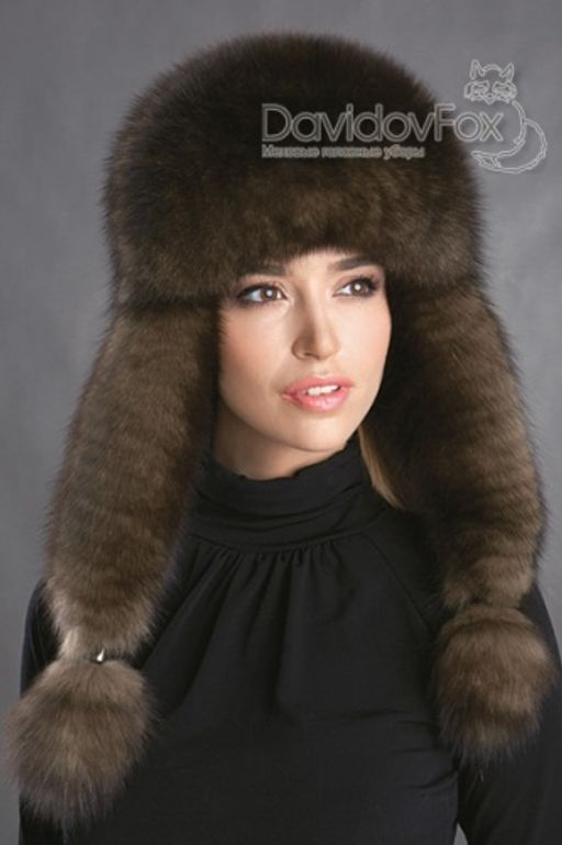 Шапка Элит цветная кожа песец цвет "соболь"