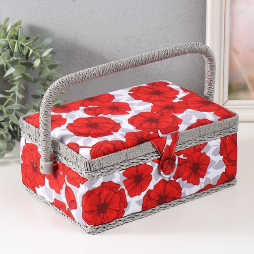 Шкатулка для рукоделия и шитья Красные маки на белом, хранение ниток, иголок, мелочи, 24?16?11 см