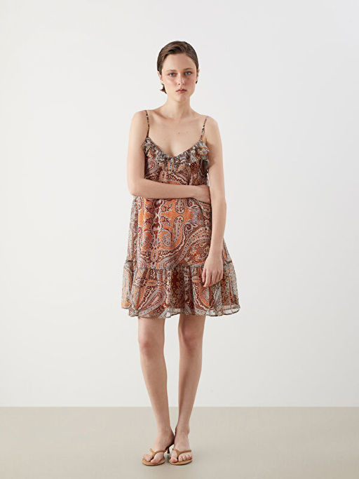 F?rf?rl? V Yaka Etnik Desenli Mini Elbise